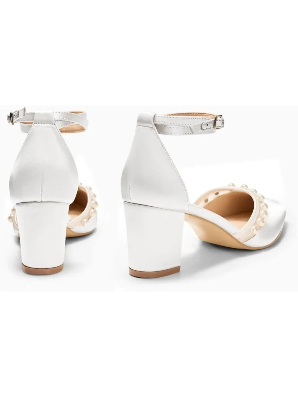 Women's White Satin Pearl Heels Shoes for Bride Closed Pointed Toe Ankle Pump